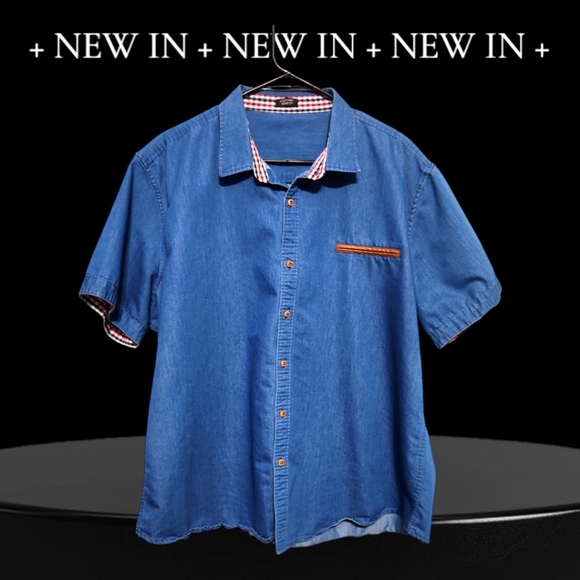 EUC CoofAndy Blue Denim Short-Sleeve Shirt with Checkered Accents - Picture 1 of 7